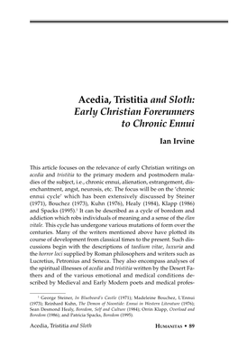 Acedia, Tristitia and Sloth: Early Christian Forerunners to Chronic Ennui
