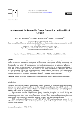 Assessment of the Renewable Energy Potential in the Republic of Adygeya