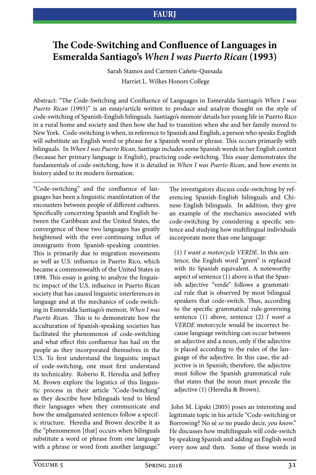 The Code-Switching and Confluence of Languages in Esmeralda Santiago’S When I Was Puerto Rican (1993)