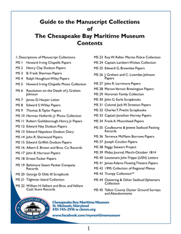Guide to the Manuscript Collections of the Chesapeake Bay Maritime Museum Contents