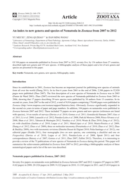 An Index to New Genera and Species of Nematoda in Zootaxa from 2007 to 2012