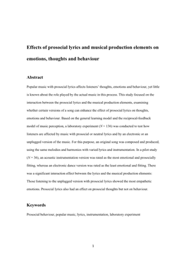 Effects of Prosocial Lyrics and Musical Production Elements on Emotions, Thoughts and Behaviour