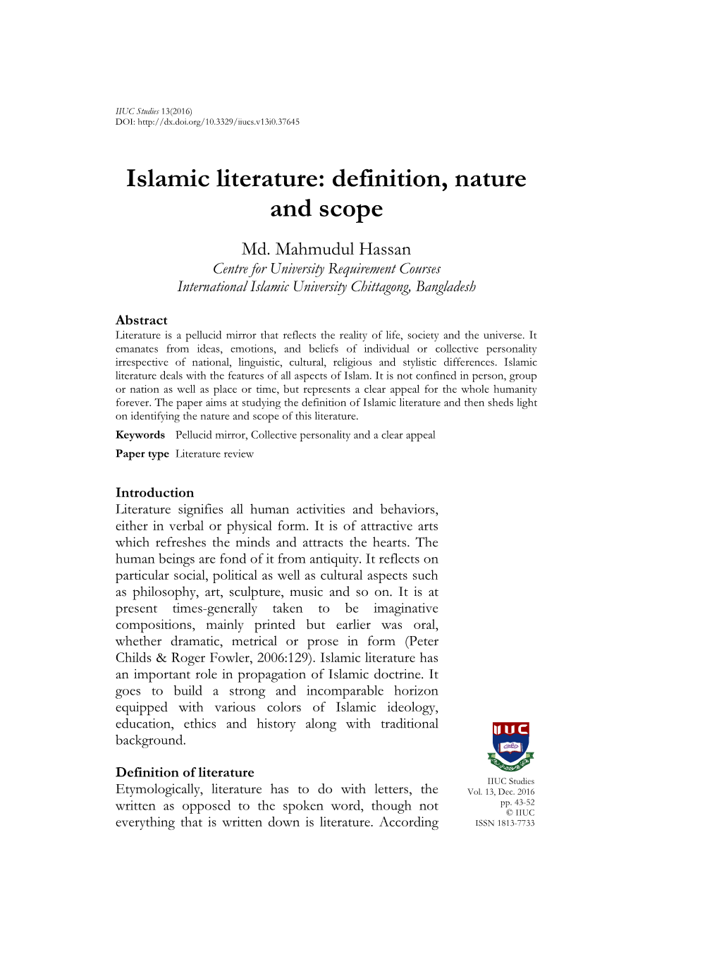 Islamic Literature: Definition, Nature and Scope