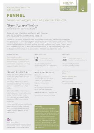 FENNEL Foeniculum Vulgare Seed Oil Essential 1 Ml/Ml Digestive Wellbeing Aromatic Description: Liquorice, Sweet, Honey