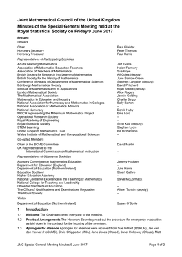 Joint Mathematical Council of the United Kingdom Minutes of The