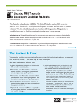 Updated Mild Traumatic Brain Injury Guideline for Adults