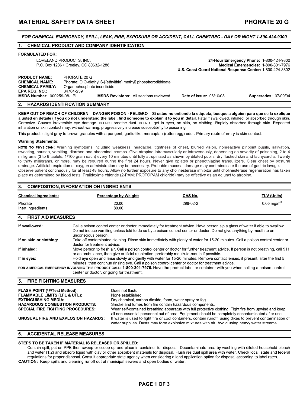 Material Safety Data Sheet Phorate 20 G