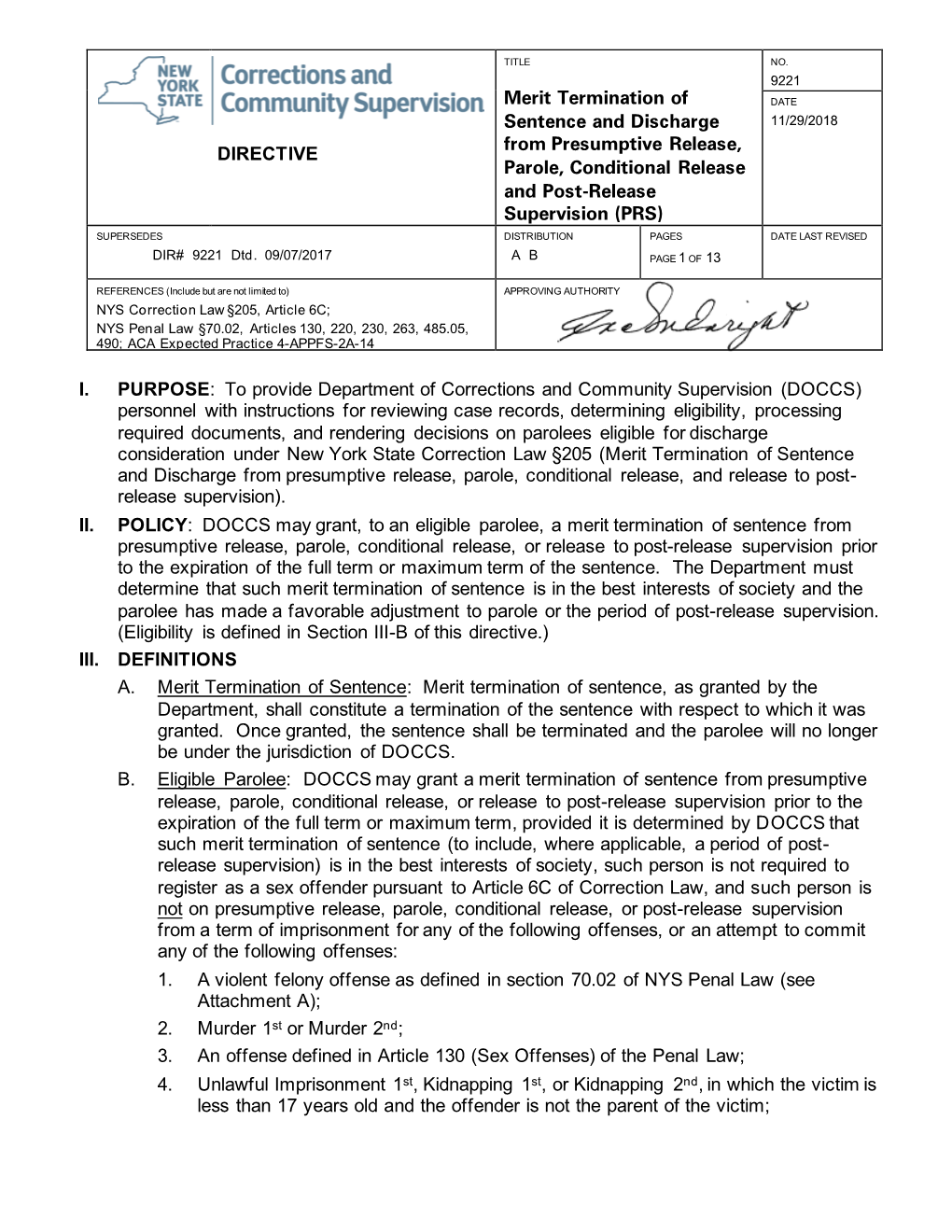 DIRECTIVE Merit Termination of Sentence and Discharge From