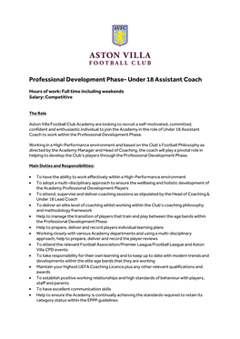 Professional Development Phase- Under 18 Assistant Coach