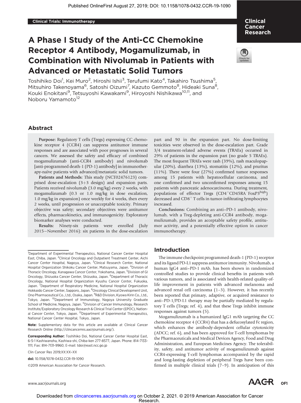 A Phase I Study of the Anti-CC Chemokine Receptor 4 Antibody