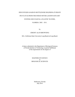 Phycotoxin Loads in Bottlenose Dolphins (Tursiops