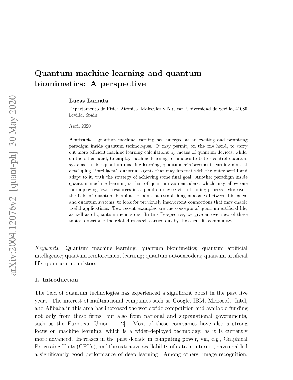 Quantum Machine Learning and Quantum Biomimetics: a Perspective