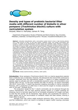 Density and Types of Probiotic Bacterial in Filter Media with Different Number of Bioballs in Silver Pompano (Trachinotus Blochi