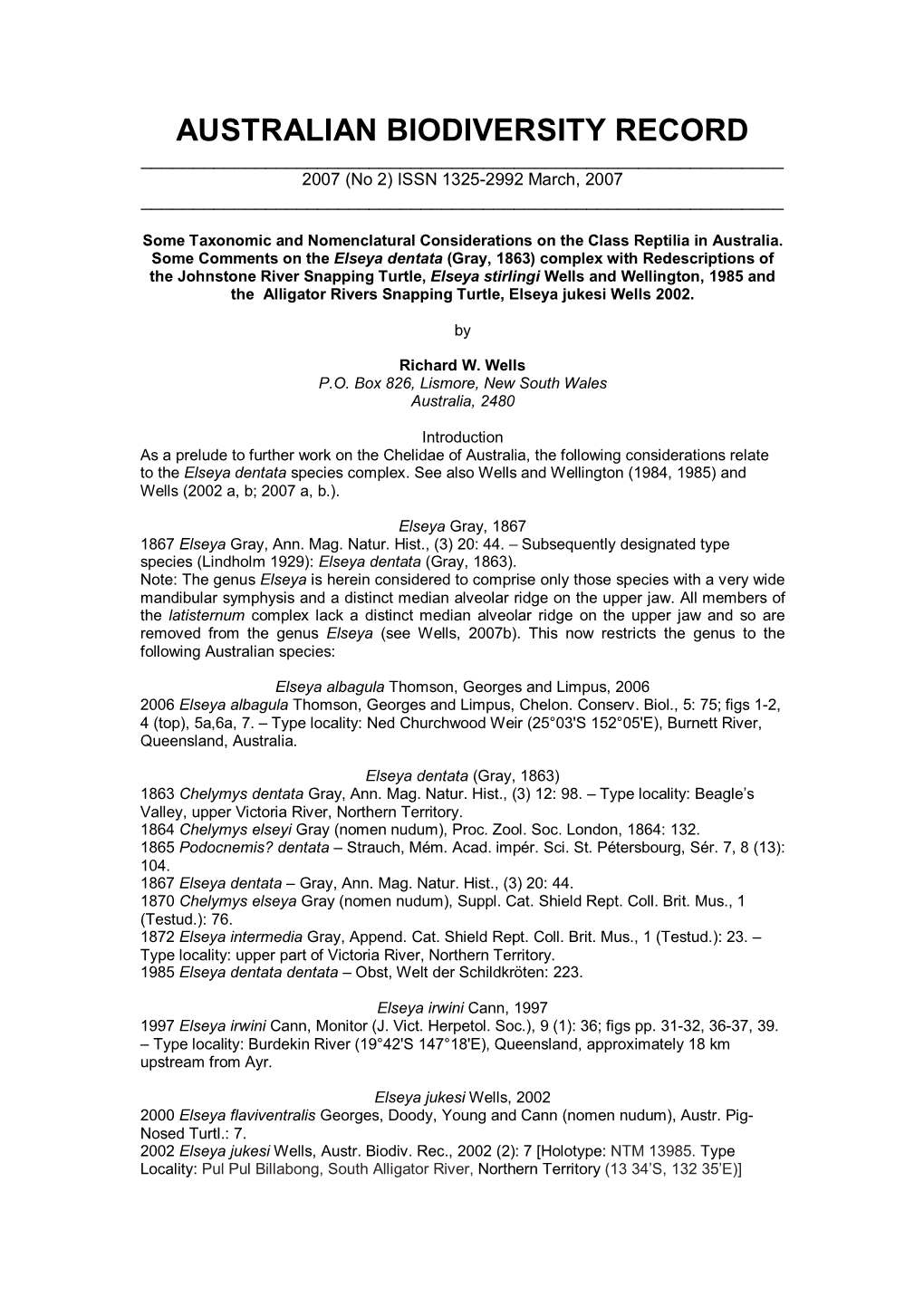 AUSTRALIAN BIODIVERSITY RECORD ______2007 (No 2) ISSN 1325-2992 March, 2007 ______