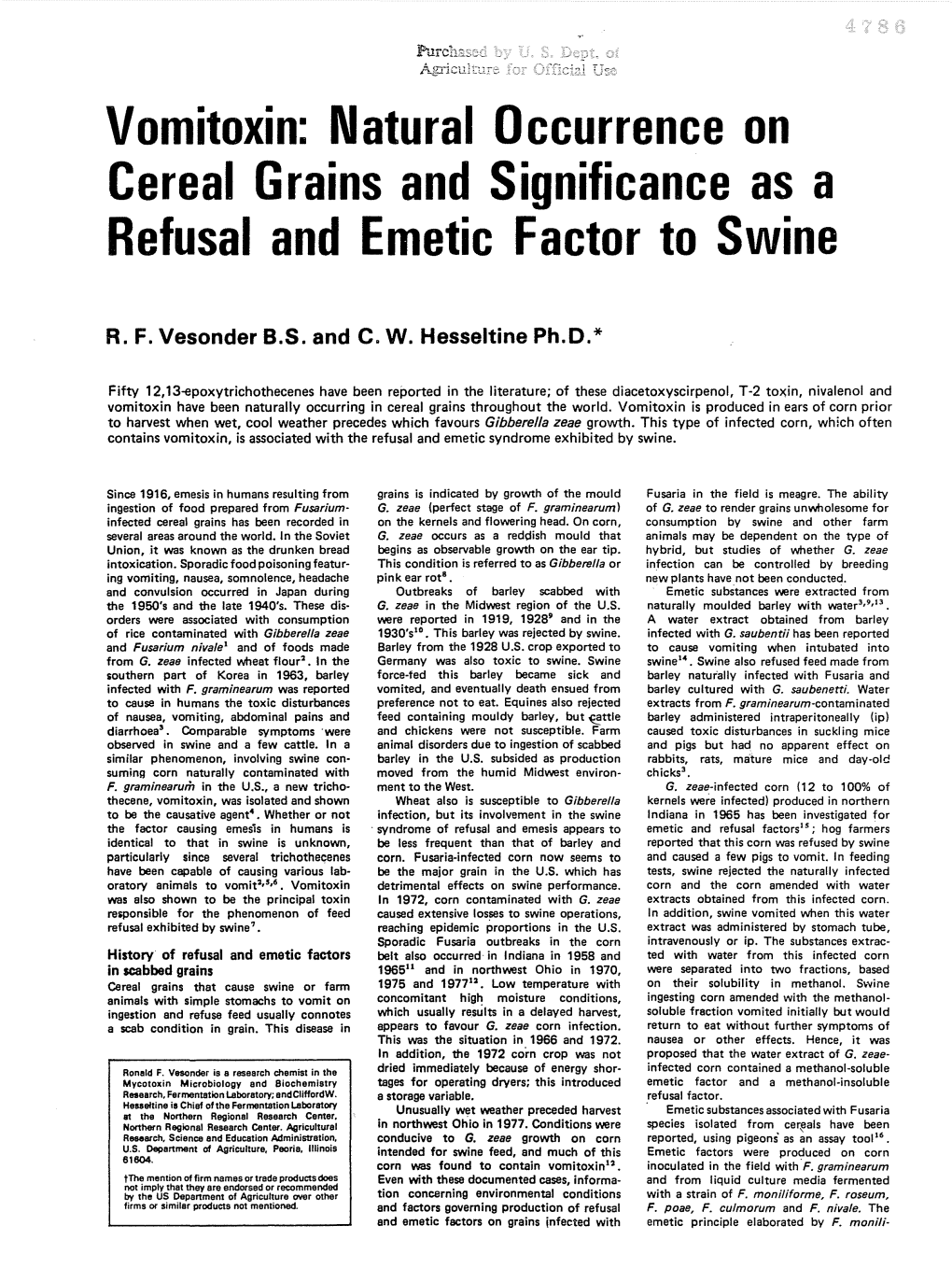 Vomitoxin: Natural Occurrence on Cereal Grains and Significance As a Refusal and Emetic Factor to Swine