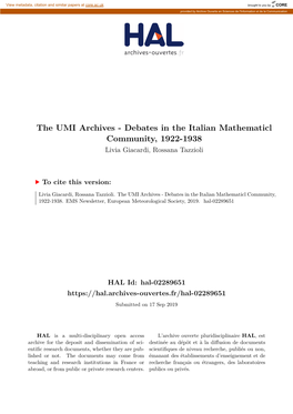 The UMI Archives - Debates in the Italian Mathematicl Community, 1922-1938 Livia Giacardi, Rossana Tazzioli