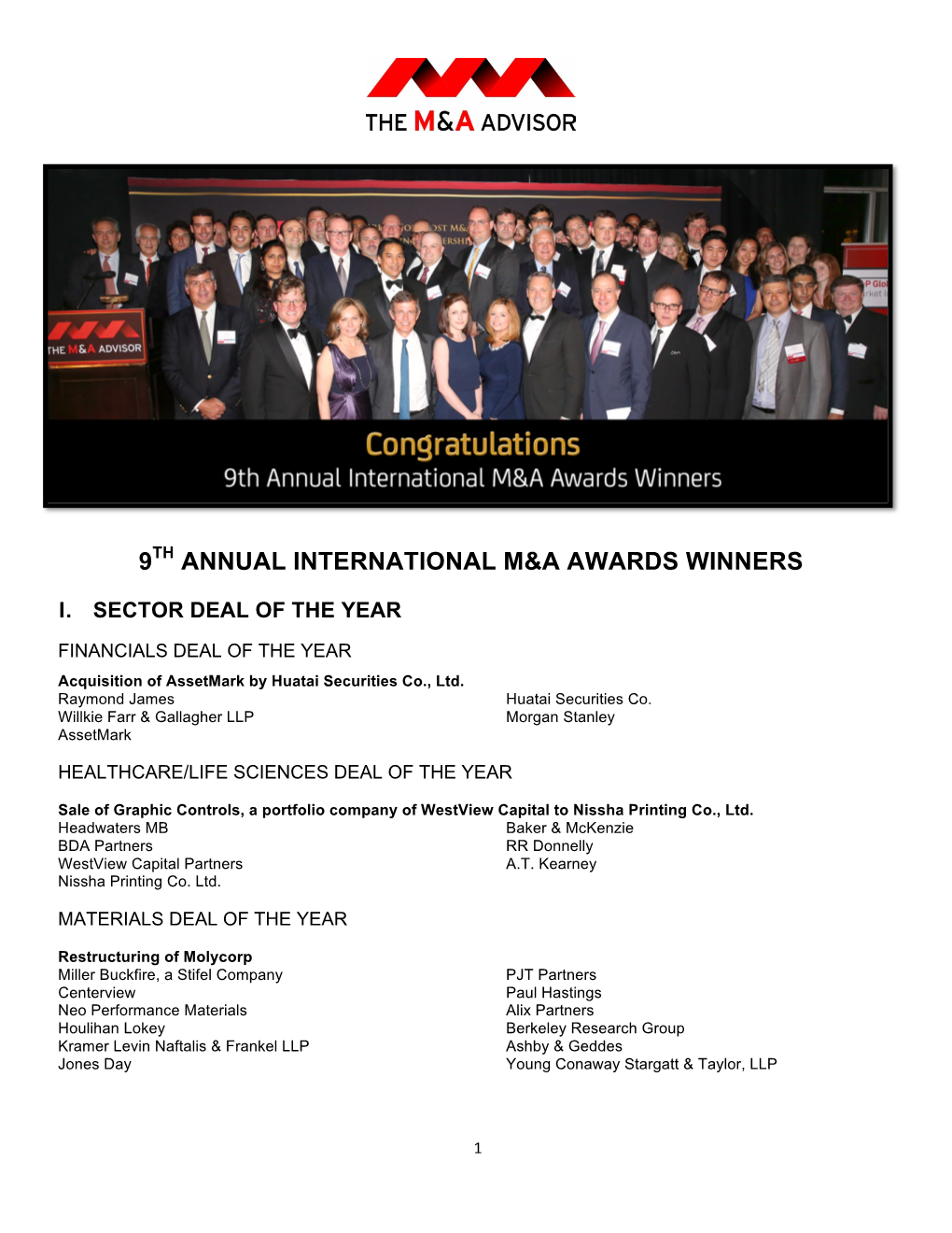 9Th Annual International M&A Awards Winners