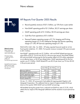 News Release HP Reports First Quarter 2005 Results