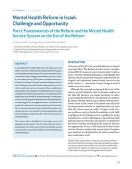 Mental Health Reform in Israel: Challenge and Opportunity Part I: Fundamentals of the Reform and the Mental Health Service System on the Eve of the Reform