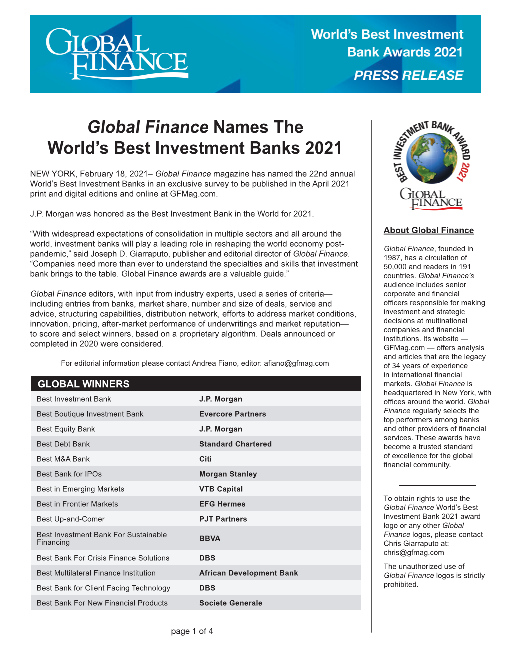 Global Finance Names the World's Best Investment Banks 2021