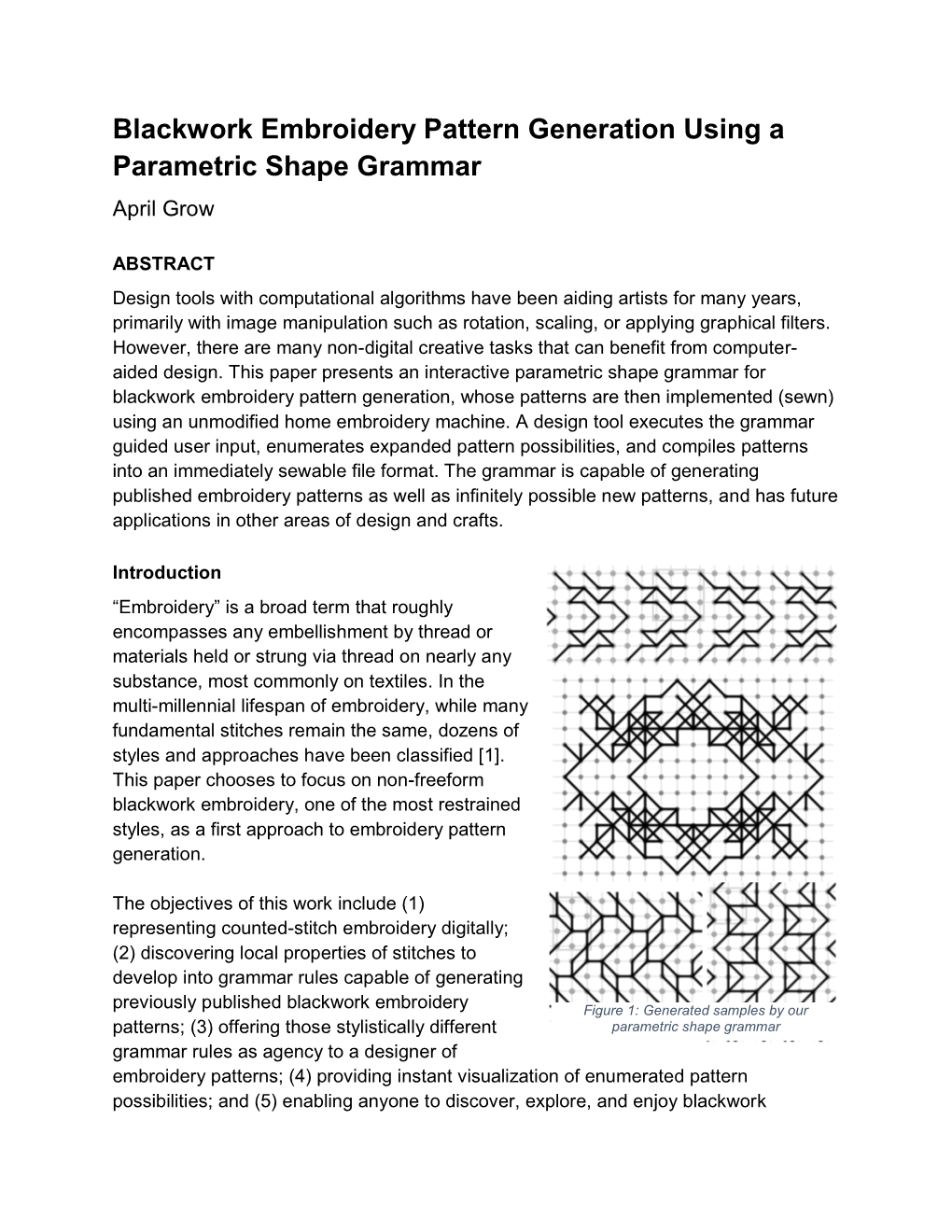 Blackwork Embroidery Pattern Generation Using a Parametric Shape Grammar April Grow