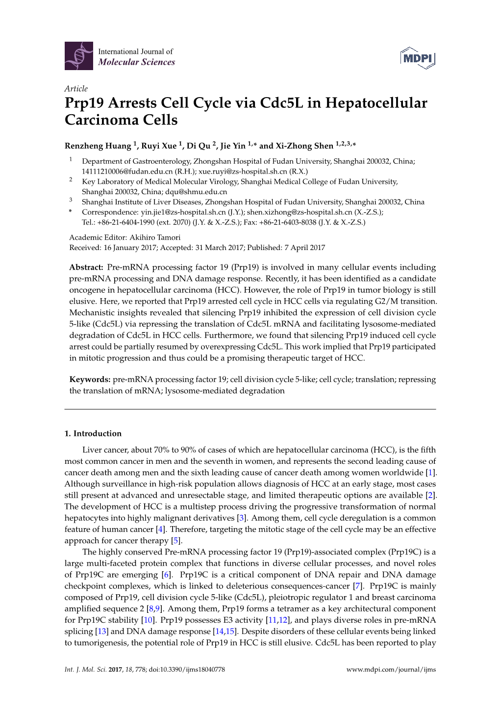 Prp19 Arrests Cell Cycle Via Cdc5l in Hepatocellular Carcinoma Cells