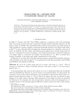 CHARACTERS of Π1-DEGREE with CYCLOTOMIC FIELDS of VALUES 1. Introduction in 2006, G. Navarro and P.H. Tiep [NT06] Confirmed