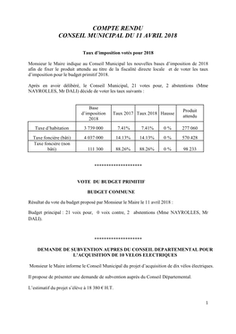 Compte Rendu Conseil Municipal Du 11 Avril 2018