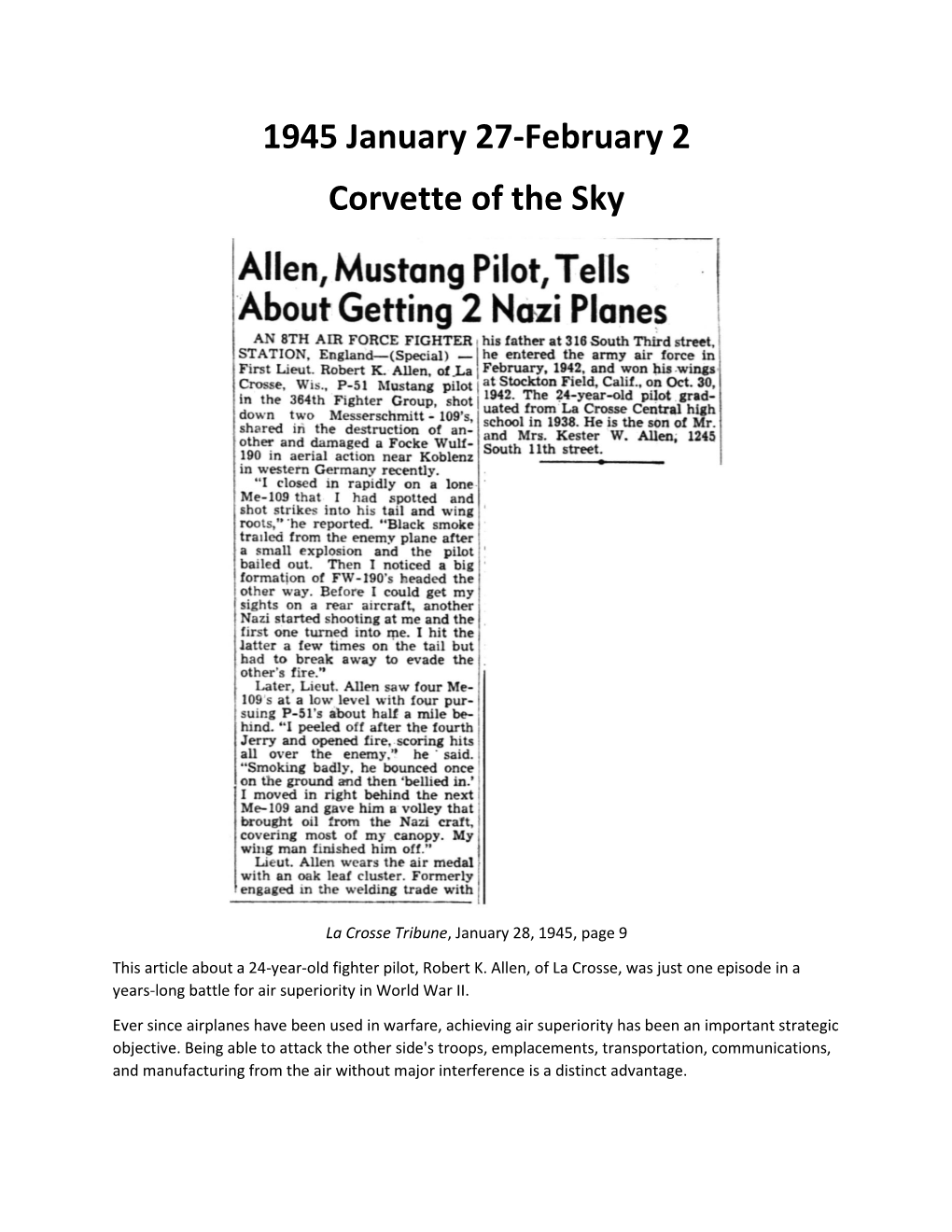 1945 January 27-February 2 Corvette of the Sky