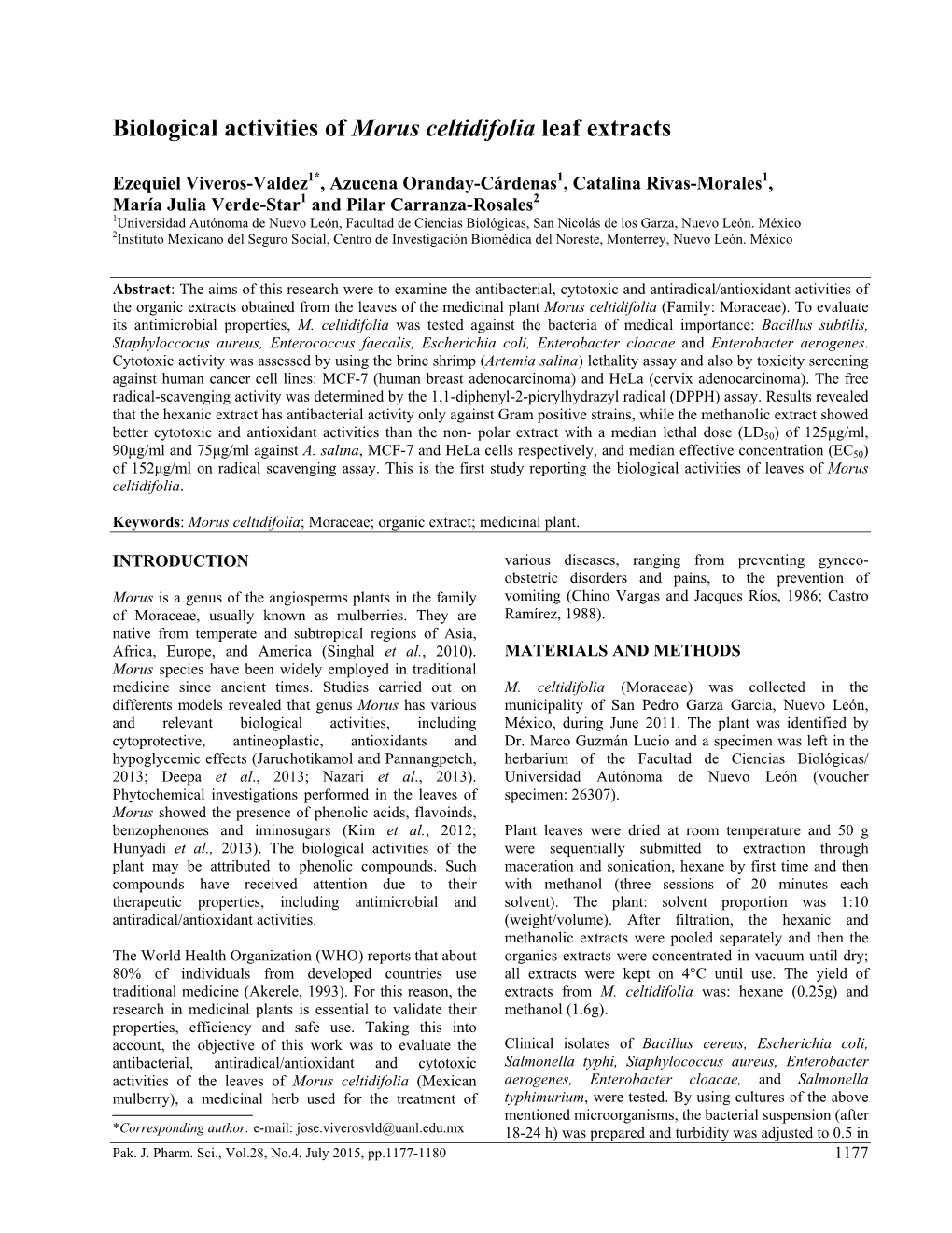 Biological Activities of Morus Celtidifolia Leaf Extracts