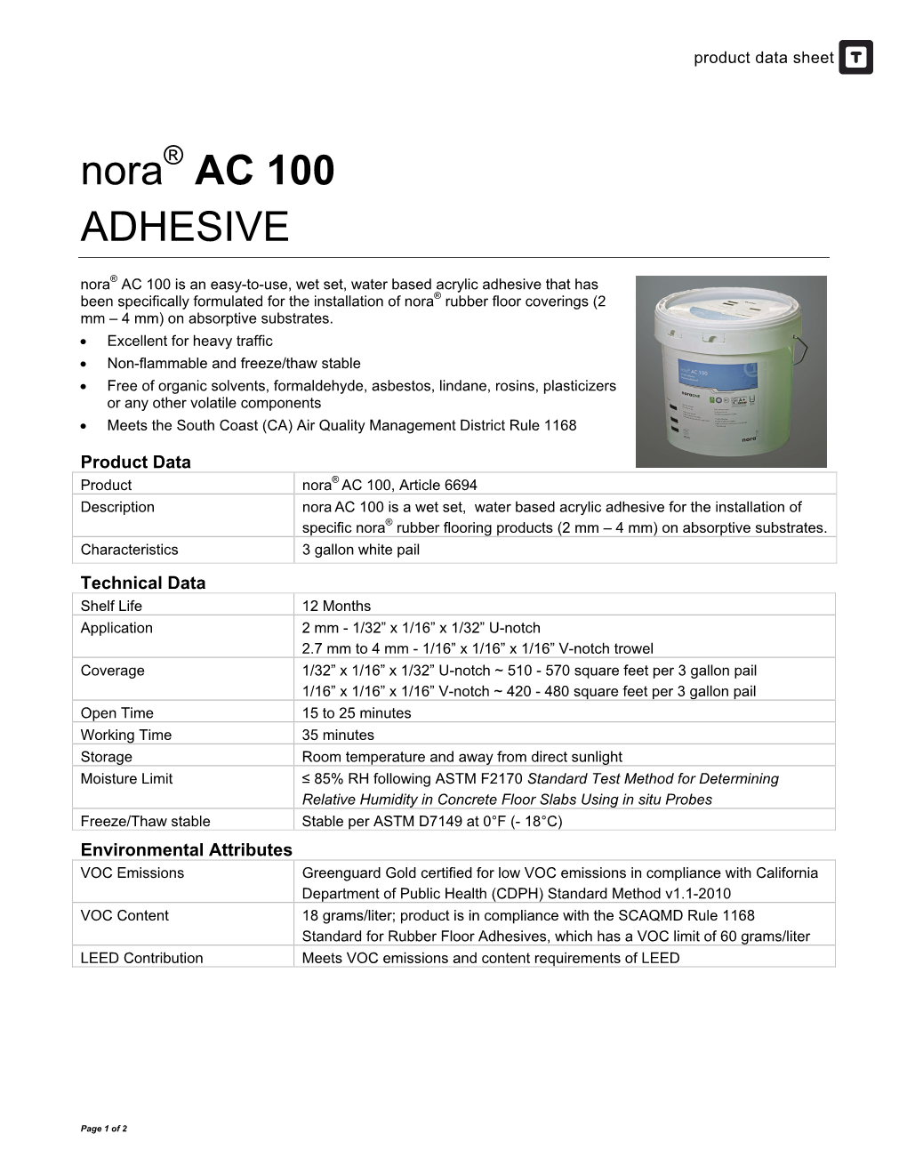 Nora AC 100 Adhesive Product Data Sheets - DocsLib