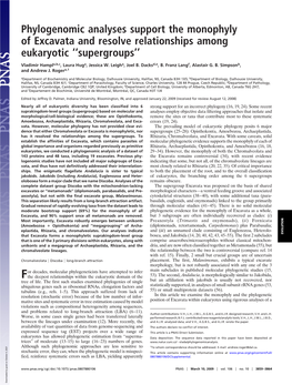 Phylogenomic Analyses Support the Monophyly of Excavata and Resolve Relationships Among Eukaryotic ‘‘Supergroups’’