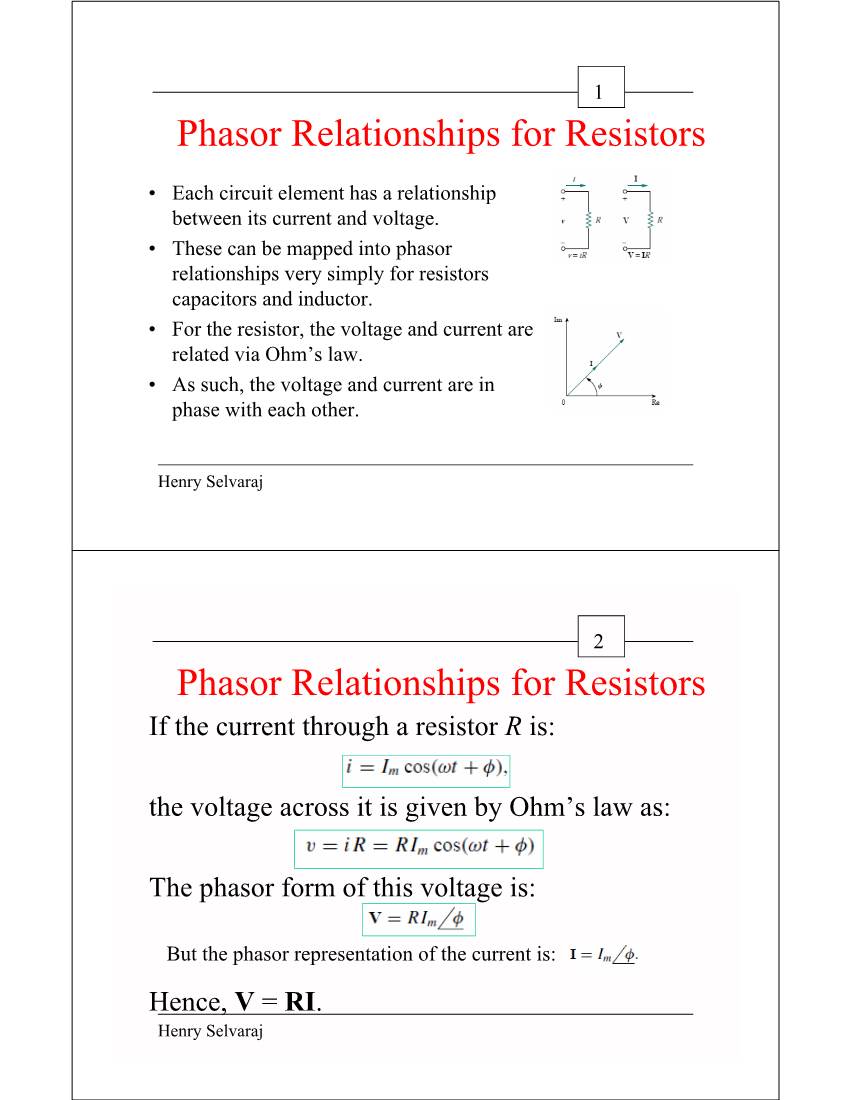 Phasor Relationships for Resistors