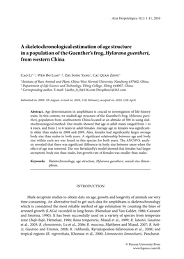 A Skeletochronological Estimation of Age Structure in a Population of the Guenther’S Frog, Hylarana Guentheri, from Western China