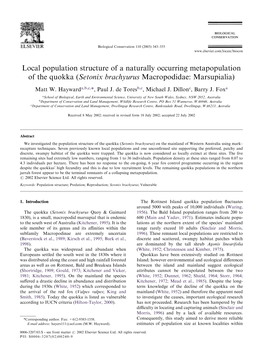 Local Population Structure of a Naturally Occurring Metapopulation of the Quokka (Setonix Brachyurus Macropodidae: Marsupialia)