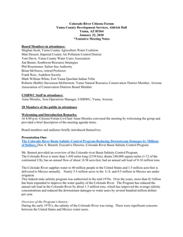 Colorado River Citizens Forum Yuma County Development Services, Aldrich Hall Yuma, AZ 85364 January 22, 2020 *Tentative Meeting Notes