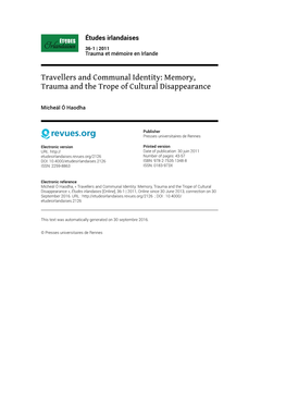 Études Irlandaises, 36-1 | 2012 Travellers and Communal Identity: Memory, Trauma and the Trope of Cultural Di