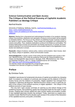 Science Communication and Open Access: the Critique of the Political Economy of Capitalist Academic Publishers As Ideology Critique