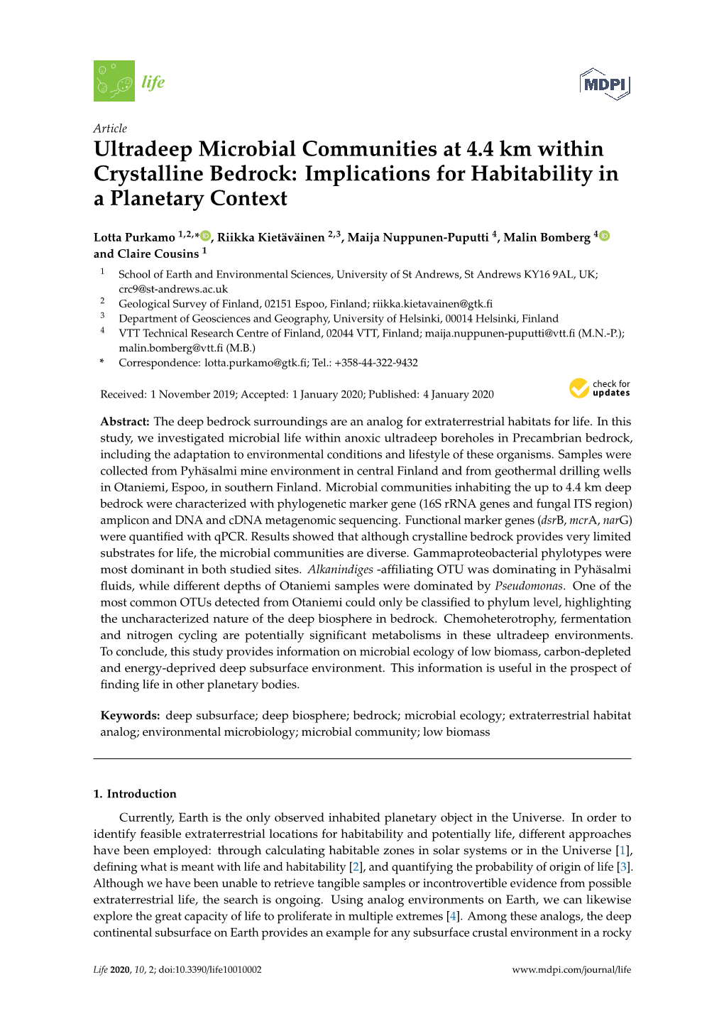 Ultradeep Microbial Communities at 4.4 Km Within Crystalline Bedrock: Implications for Habitability in a Planetary Context