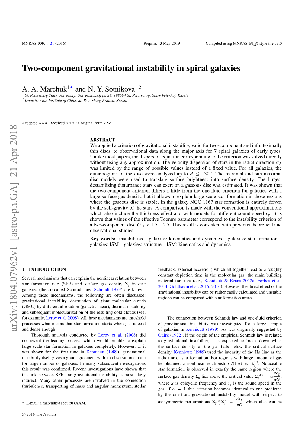 Two-Component Gravitational Instability in Spiral Galaxies