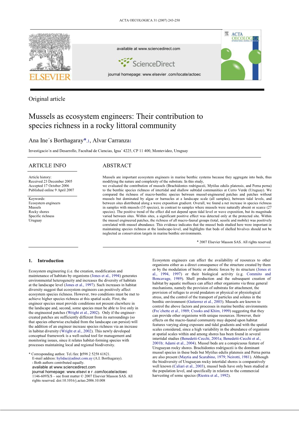 Mussels As Ecosystem Engineers: Their Contribution to Species Richness in a Rocky Littoral Community