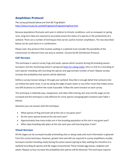 Amphibian Protocol the Survey Protocols Below Are from BC Frog Watch