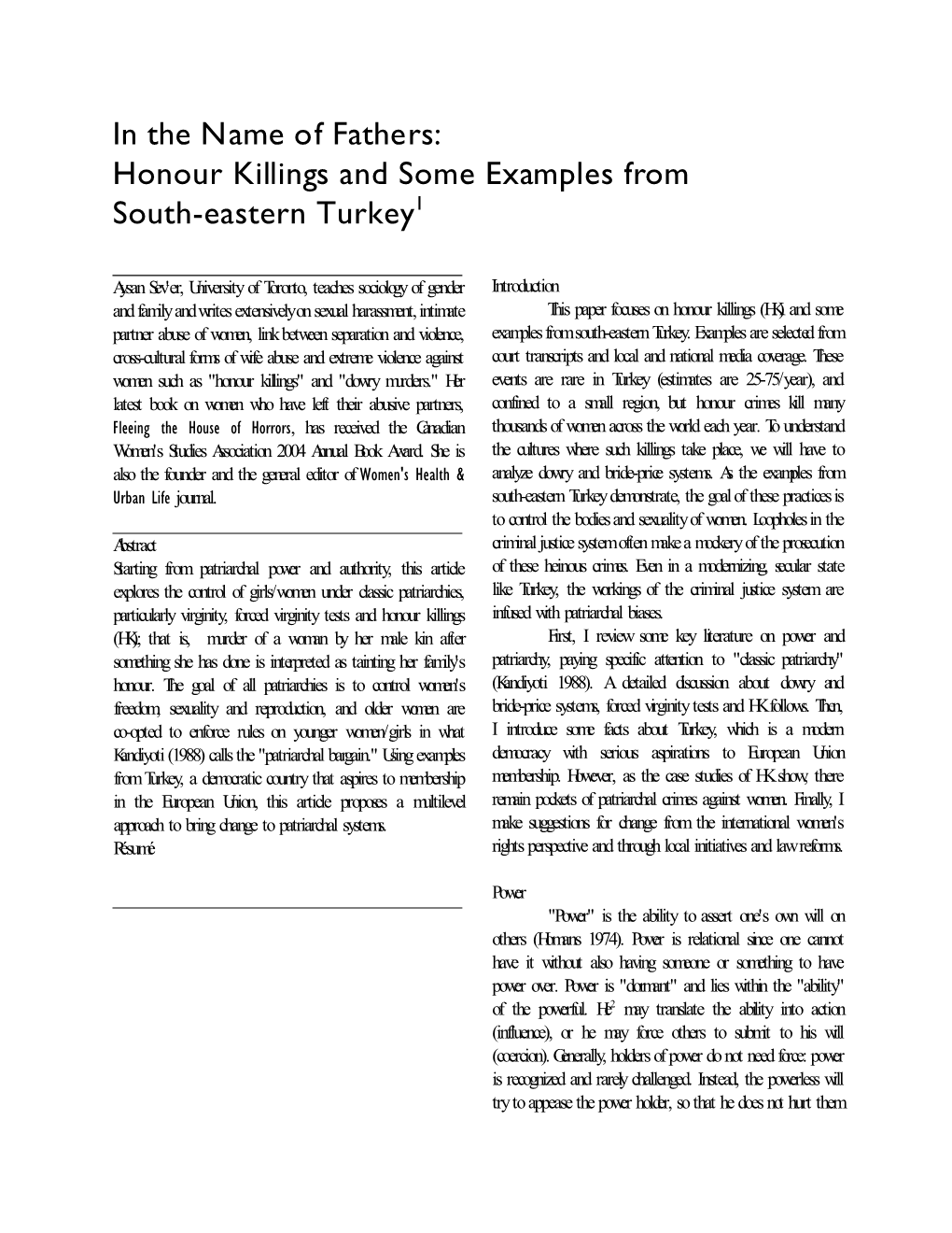 Honour Killings and Some Examples from South-Eastern Turkey