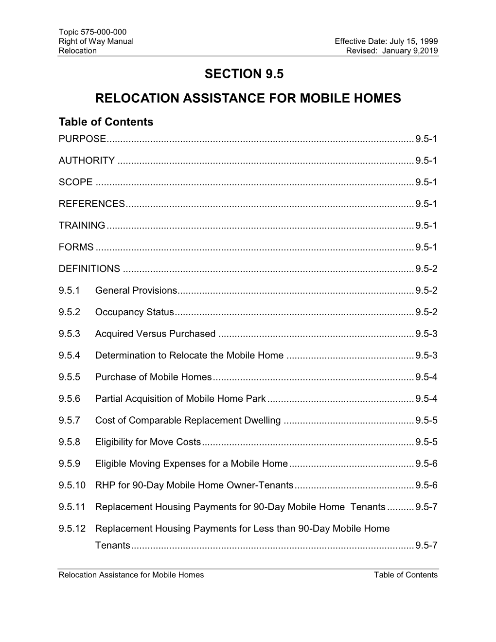 Right of Way Manual, Section 9.5, Relocation Assistance for Mobile