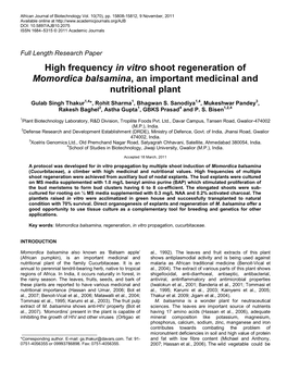 In Vitro Shoot Regeneration of Momordica Balsamina, an Important Medicinal and Nutritional Plant