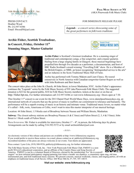 Archie Fisher, Scottish Troubadour, in Concert, Friday, October 11Th Stunning Singer, Master Guitarist