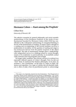Hermann Cohen - Kant Among the Prophets1