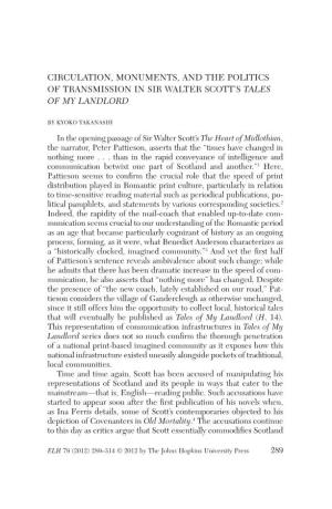Circulation, Monuments, and the Politics of Transmission in Sir Walter Scott’S Tales of My Landlord by Kyoko Takanashi