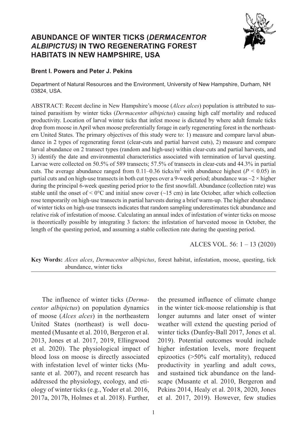 Dermacentor Albipictus) in Two Regenerating Forest Habitats in New Hampshire, Usa