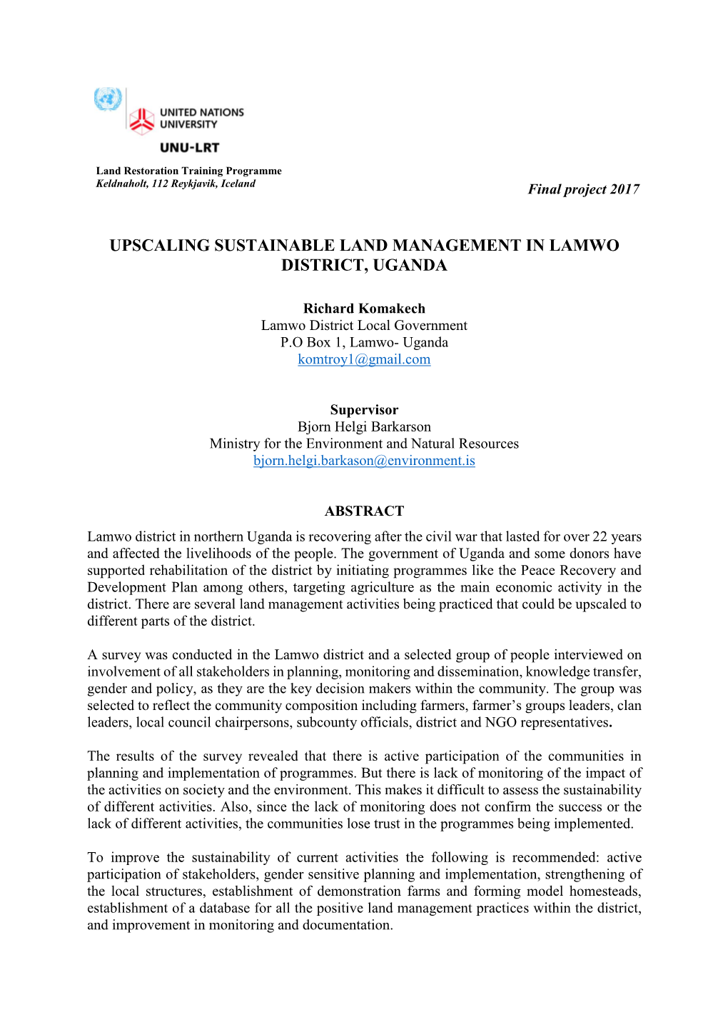 Title: Upscaling Sustainable Land Management in Lamwo District